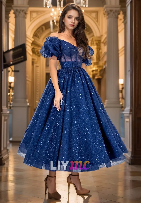 Bonus Savings V-Neck Puff Sleeves Pleated A-Line Sparkly Prom Dress