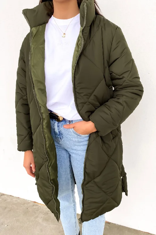 Massive Deals Amy Longline Puffer Jacket Khaki