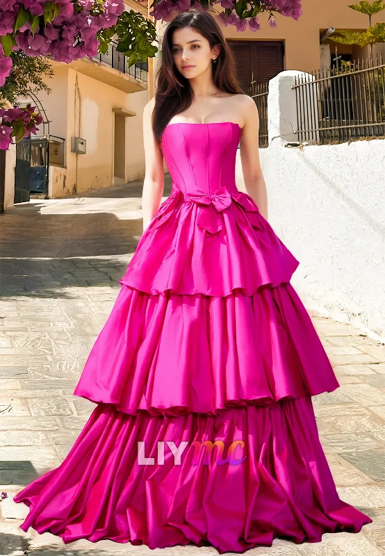 Overstock Sale Off-Shoulder Sleeveless Bowknots Tiered A-Line Prom Dress