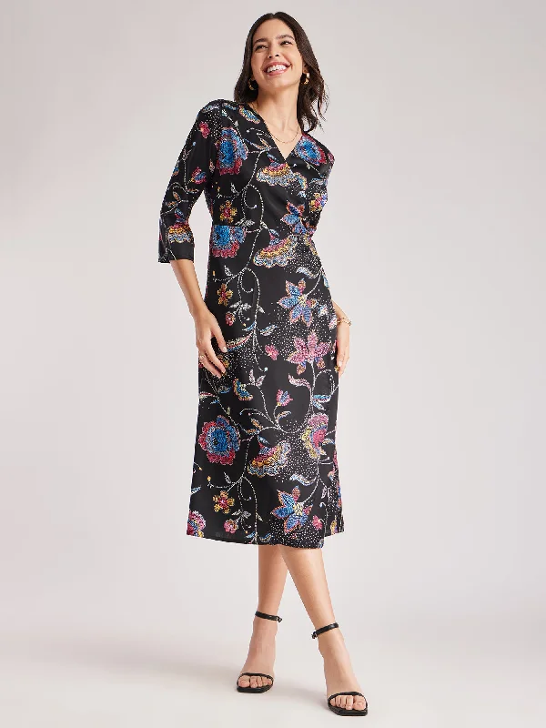 Special Discount Satin Floral Wrap Dress - Black And Multicolour