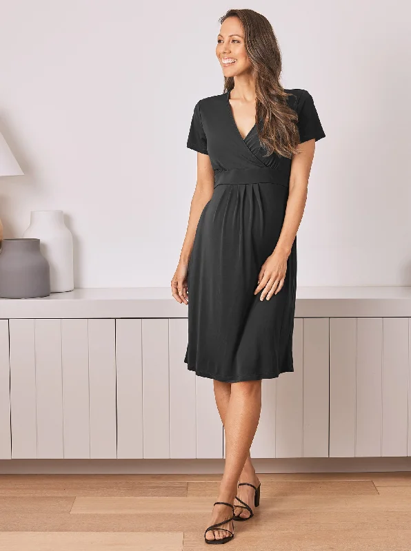 Limited Time Maternity Crossover Neckline Tie Back Jersey Work Dress in Black