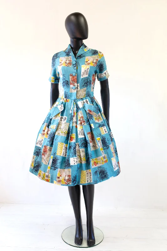 Vintage 1950s 'Blue Bamboo' Print Shirt Dress