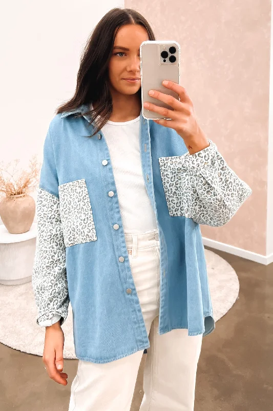 Lowest Prices Raelynn Denim Shacket Mid Blue Leopard