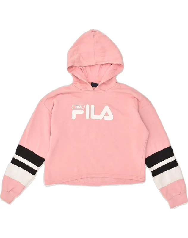 Buy Now FILA Womens Graphic Hoodie Jumper UK 14 Large Pink Colourblock Cotton