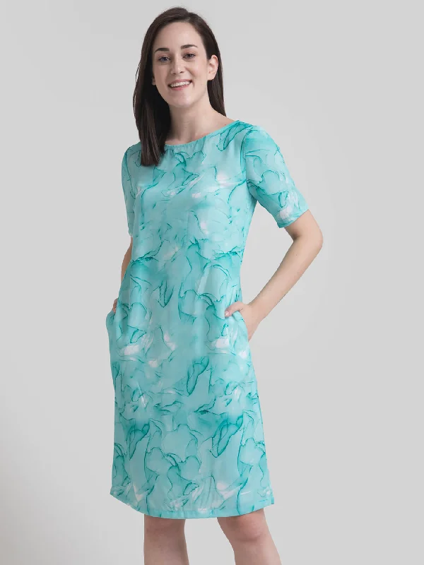 Daily Deals Boat Neck Marble Print Shift Dress - Aqua