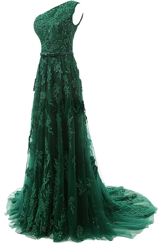 Can't Be Beat Forest Green Lace Appliques Tulle Floor Length Prom Dress, Featuring One Shoulder Bodice With Bow Accent Belt Can't Be Beat Forest Green Lace Appliques Tulle Floor Length Prom Dress, Featuring One Shoulder Bodice With Bow Accent Belt