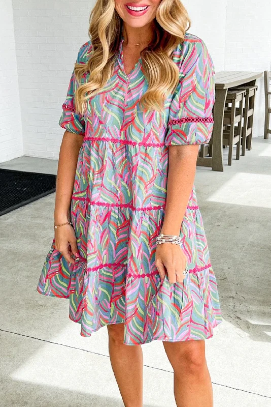 Crazy Savings Light Blue Abstract Printed Ricrac Tiered Puff Sleeve Dress