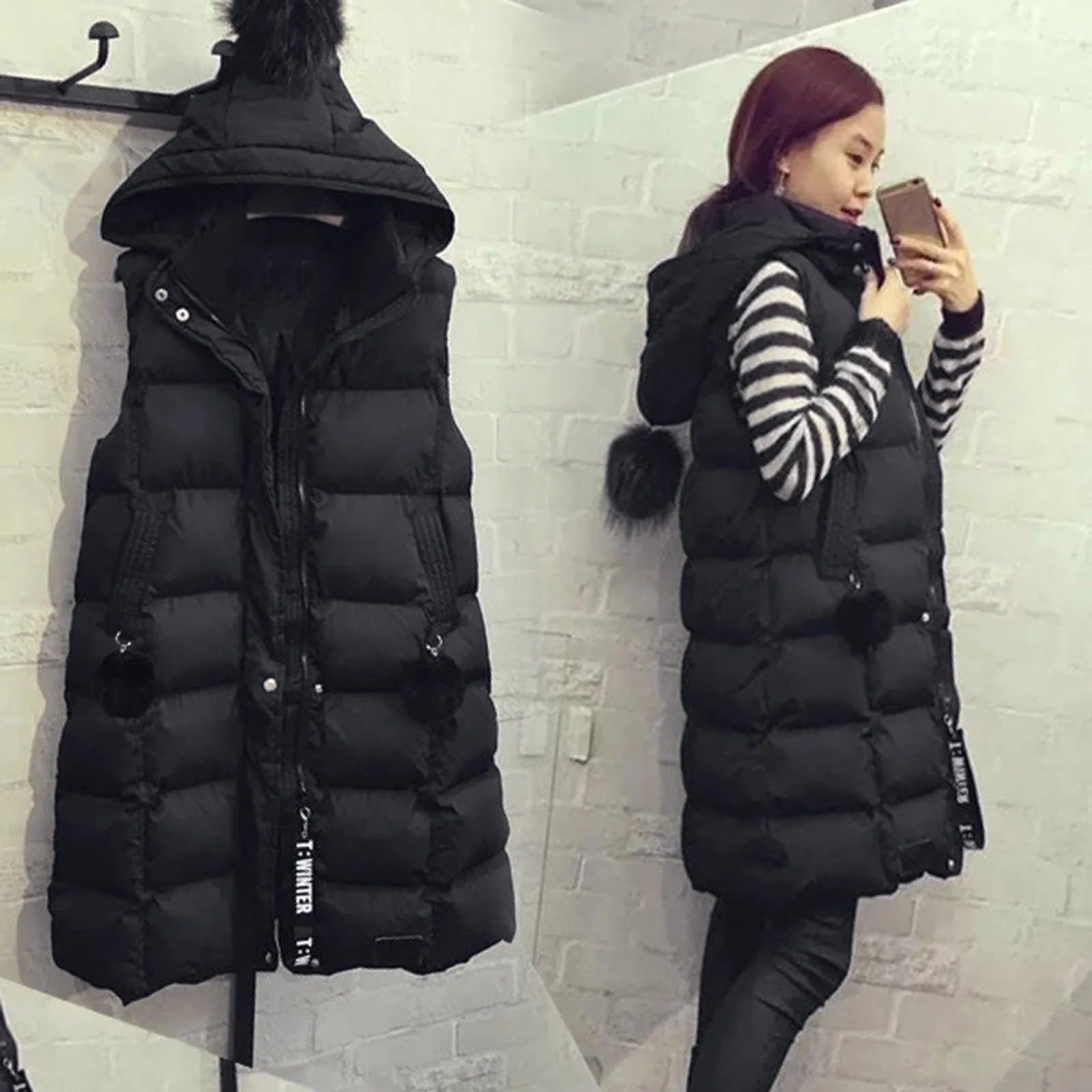 Znbbw Winter Women Black Hooded Long Parkas Vest Fashion Warm Black Hooded Down Coat Parka Ladies Sleeveless Waistcoats