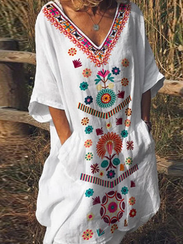 Price Reduction Women's casual loose printed long embroidered dress