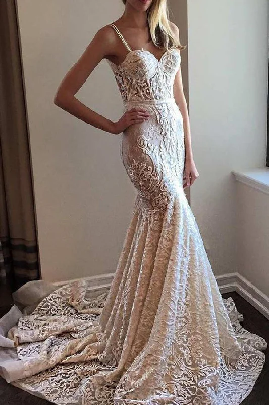Clearance Event Exquisite Spaghetti Straps Mermadi Lace Wedding Dress with Sweep Train JKW9005