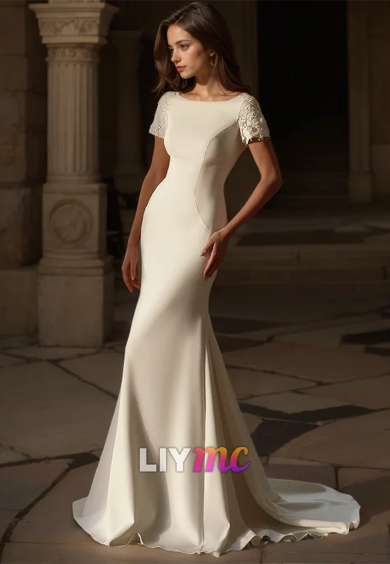 Year-End Sale Scoop Short Sleevs Appliques Sleek Mermaid Wedding Dress