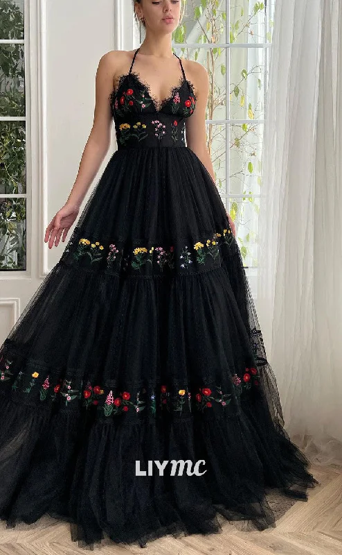 Huge Savings LP2194 - Halter V-Neck Sleeveless Tulle A-Line Ball Gown Prom Dress