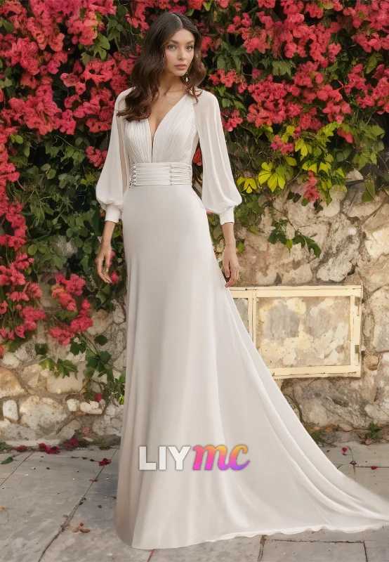 Best Deals V-Neck Long Sleeves Pleated Sleek Boho Wedding Dress