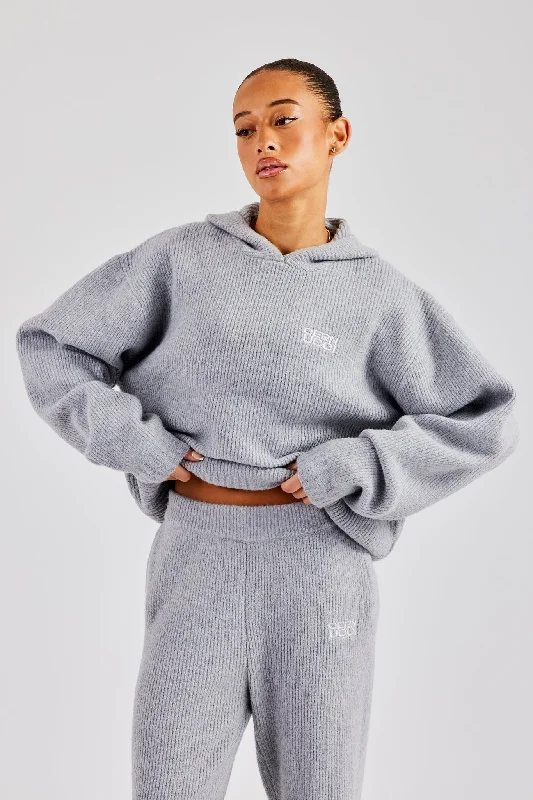 Savings Alert Knit Boxy Embroidered Hoodie - Grey