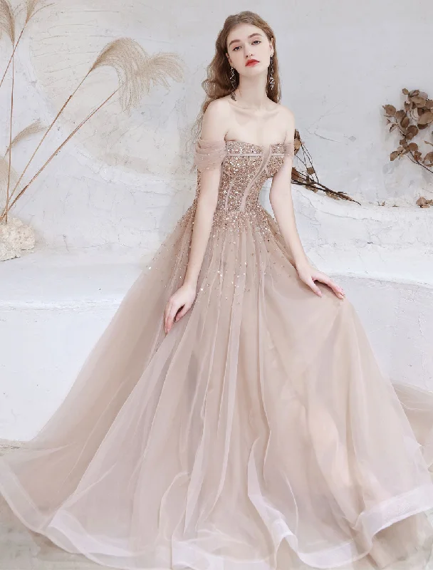 Price Reduction Stunning Evening Dress Nude Color A Line Bateau Neck Floor Length Short Sleeves Lace Up Sequins Formal Dinner Dresses Pageant Dress