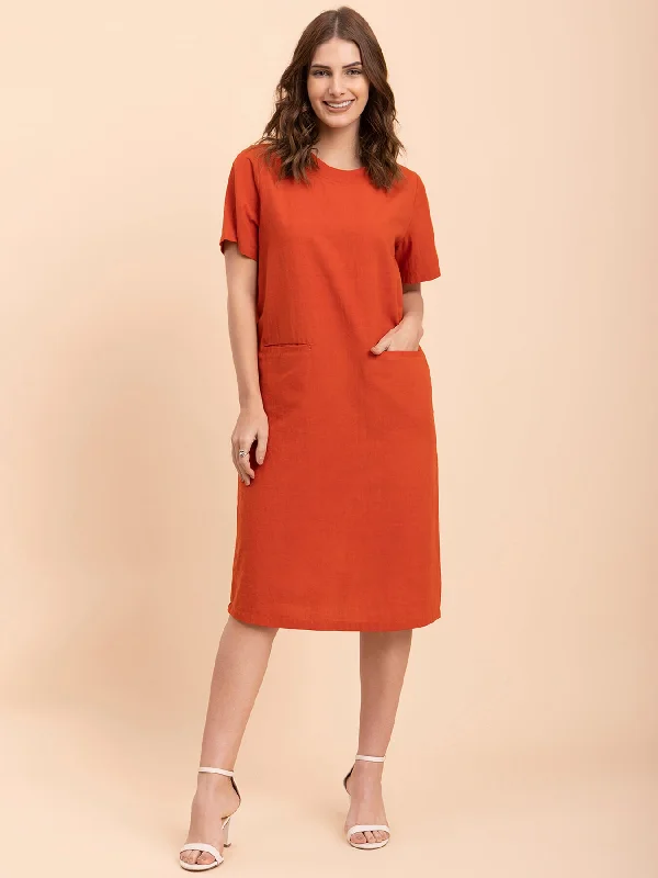 Cotton Round Neck Shift Dress - Burnt Orange