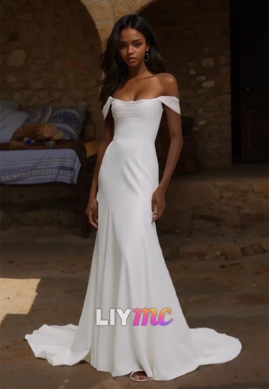Exclusive Preview Off-Shoulder Strapless Pleated Sleek Mermaid Wedding Dress