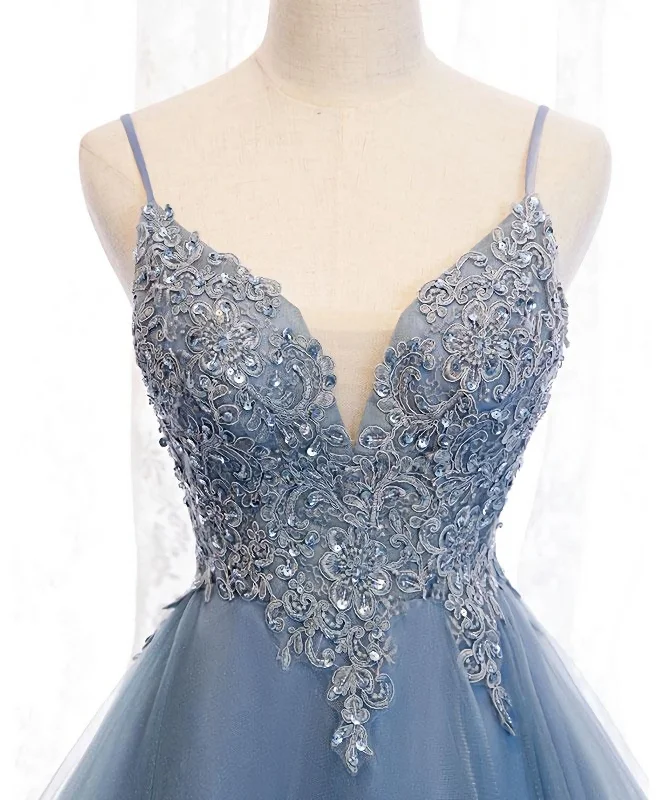 Online Only Blue Sweetheart Tulle Lace High Low Prom Dress, Blue Homecoming Dress