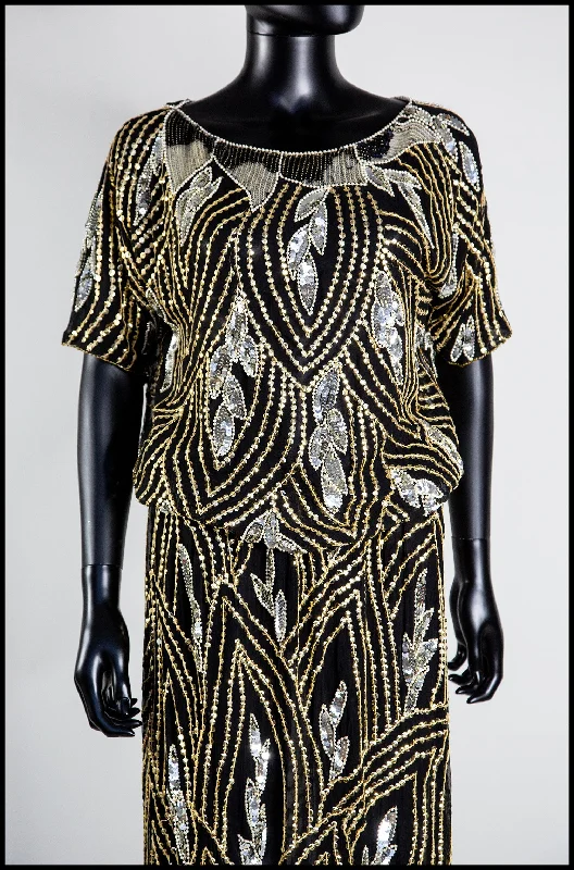 Vintage 1980s Gold Black Beaded Two Piece Dress