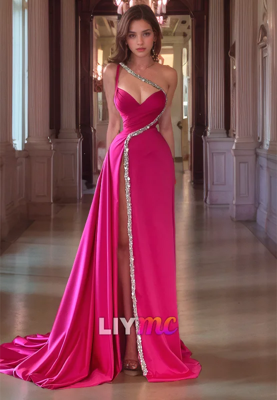 Mega Sale LP2169 - V-Neck Straps Pleated Beaded High Slit Satin Prom Dress