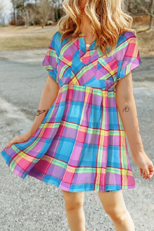 Big Discounts Light Blue Multicolor Plaid Short Sleeve Babydoll Mini Dress