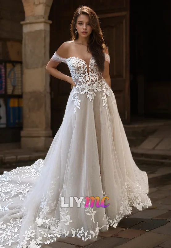 Markdowns Off-Shoulder Sleeveless Lace Appliques A-Line Wedding Dress