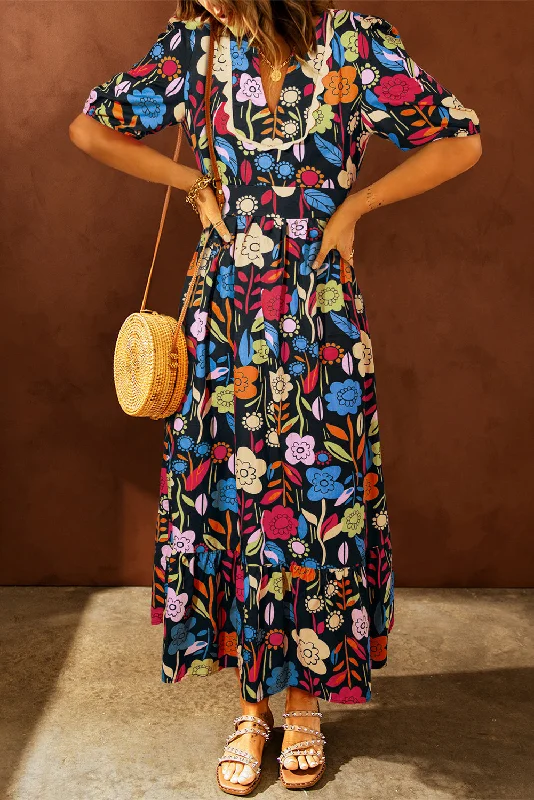 Major Savings Black Retro Floral Printed Split Neck Maxi Dress