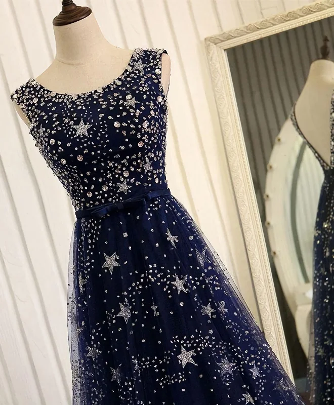 Limited Time Offer Blue Beaded Sequins Long Prom Dress, Blue Evening Dress