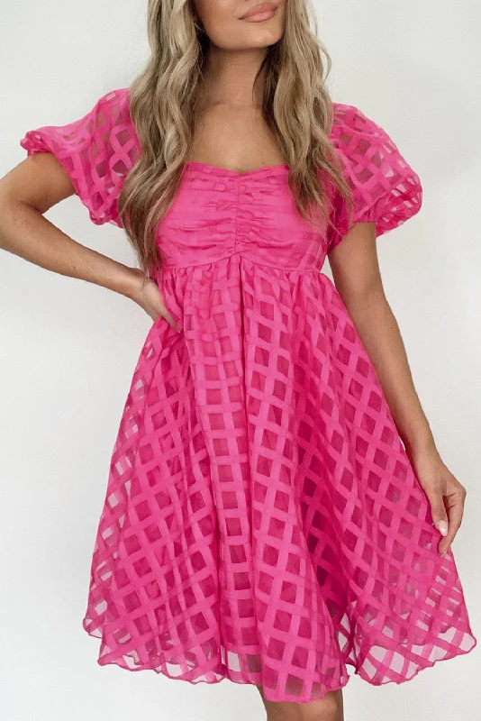 Daily Specials Strawberry Pink Checkered Puff Sleeve Babydoll Dress