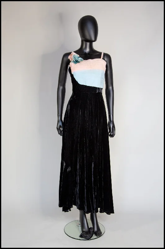 Massive Deals Vintage 1940s Black Pastel Silk Velvet Dress