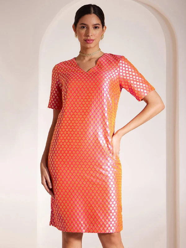 Sale Event Brocade Golden Zari Dress - Pink And Gold