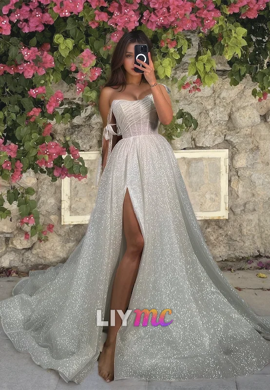 Can't Miss Off-Shoulder Strapless Sparkly Side Slit A-Line Wedding Dress