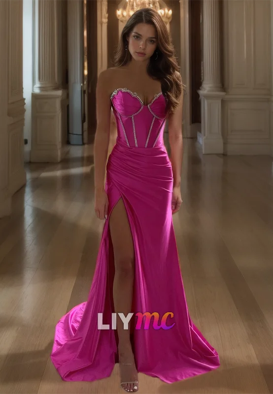 Epic Deals Sweetheart Sleeveless Beaded Ruched Side Slit Sheath Prom Dress