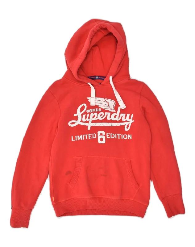Deal Dash SUPERDRY Womens Graphic Hoodie Jumper UK 10 Small Red Cotton