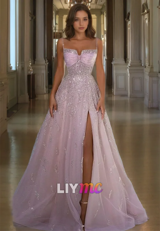 Early Bird Discount LP1099 - A Line Spaghetti Straps Side Slit Pink Long Formal Prom Dress
