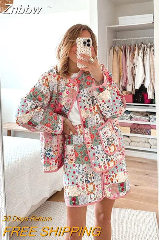 Price Buster Znbbw Patchwork Cotton Jackets Mini Skirt Suit For Woman 2023 Autumn Thicken Warmth Short Coats Set Female Printed Streetwear