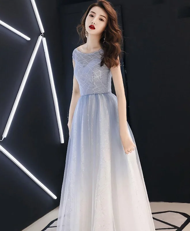Super Deal Blue Round Neck Tulle Long Prom Dress, Blue Tulle Evening Dress