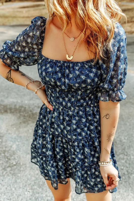 Super Sale Sail Blue Floral Smocked Tiered Ruffle Short Dress