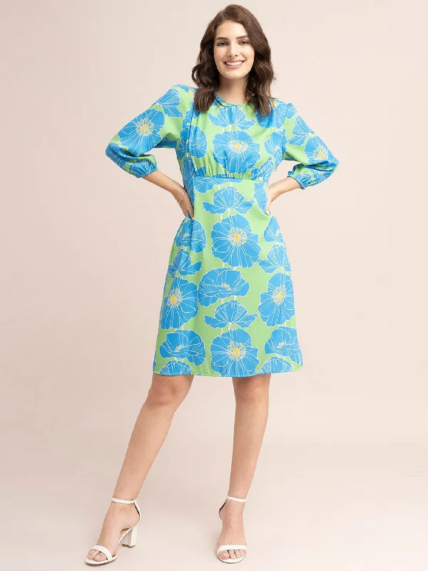 Deal Mania Floral Print Empire Line Dress - Blue And Green