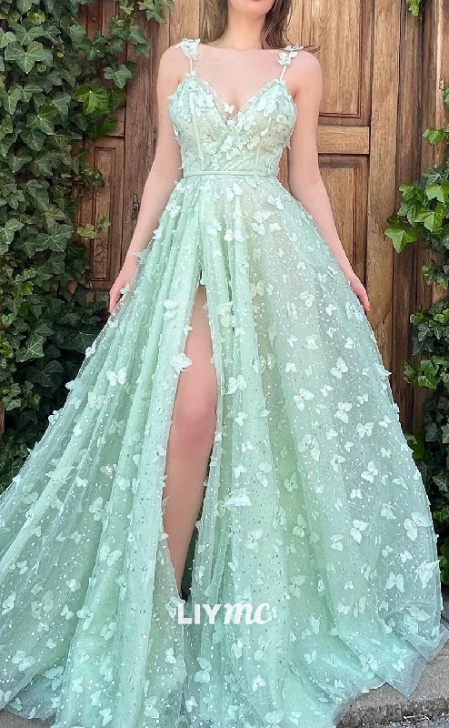 New Deals LP2101 - V-Neck Spaghetti Straps Floral Side Slit A-Line Prom Dress