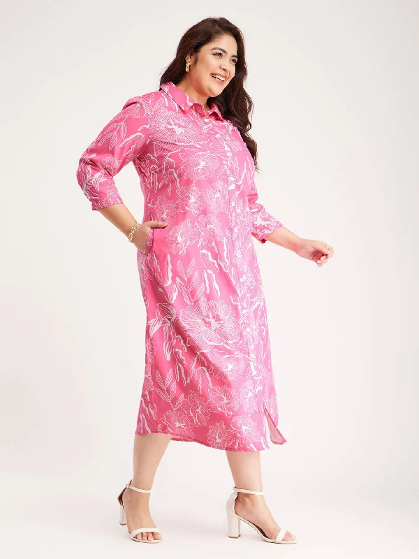 Value Deals Button Down Floral Shirt Dress - Pink And White