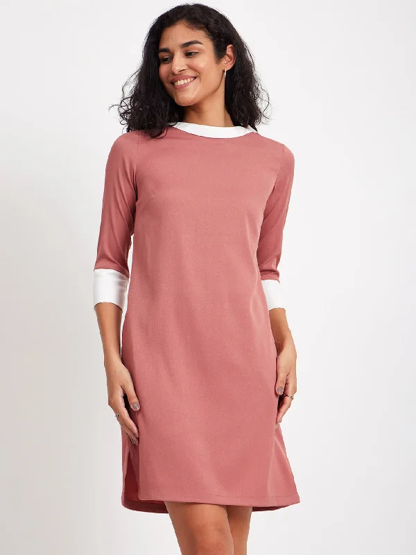 Final Sale Colour Block Quarter Sleeves Dress - Dusty Pink