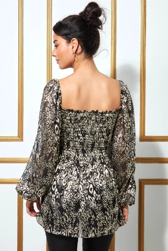 Take Advantage FOIL PRINT SHIRRED BODY LONG TOP WITH SLEEVES