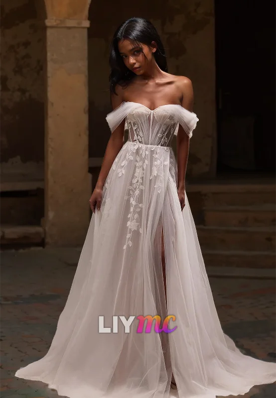 Price Fest Off-Shoulder Strapless Appliques Tulle A-Line Beach Wedding Dress
