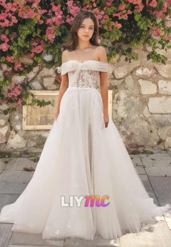 Off-Shoulder Strapless Appliques Tulle A-Line Wedding Dress