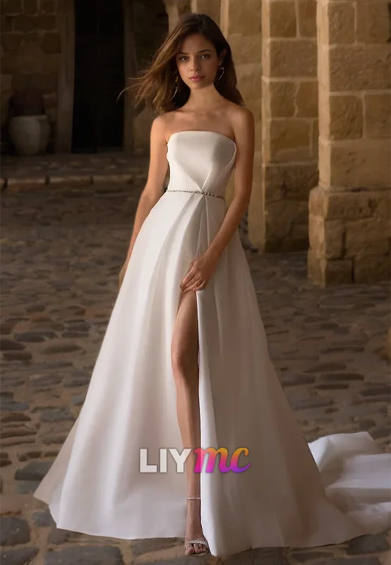 The Best Prices Straight Across Sleeveless Side Slit Sleek Satin A-Line Wedding Dress The Best Prices Straight Across Sleeveless Side Slit Sleek Satin A-Line Wedding Dress
