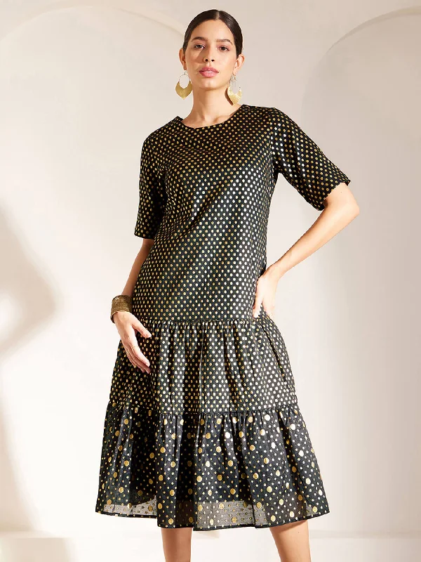 Now or Never Brocade Round Neck Tiered Dress - Black And Gold