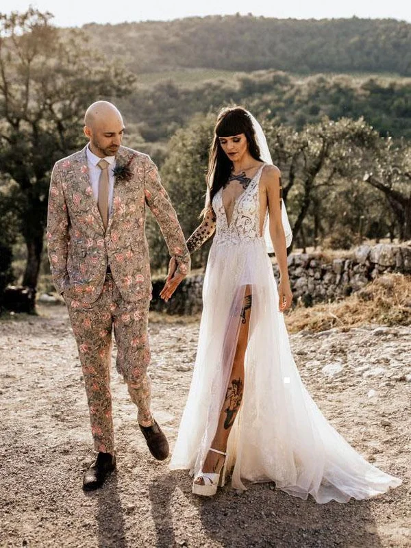 Discount Mania Sexy See Through Thigh Split Beach Wedding Dresses Beaded Vintage Bridal Dress NA2004