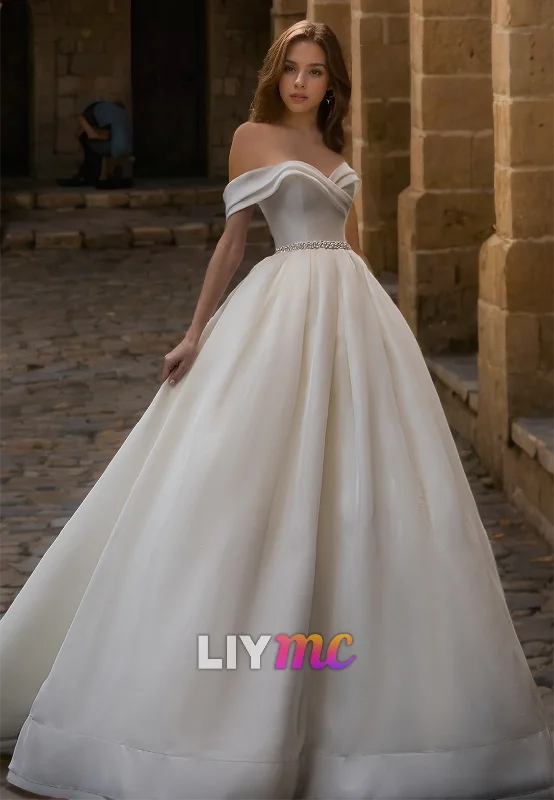 Super Sale Off-Shoulder Strapless Pleated Satin Classic A-Line Wedding Dress