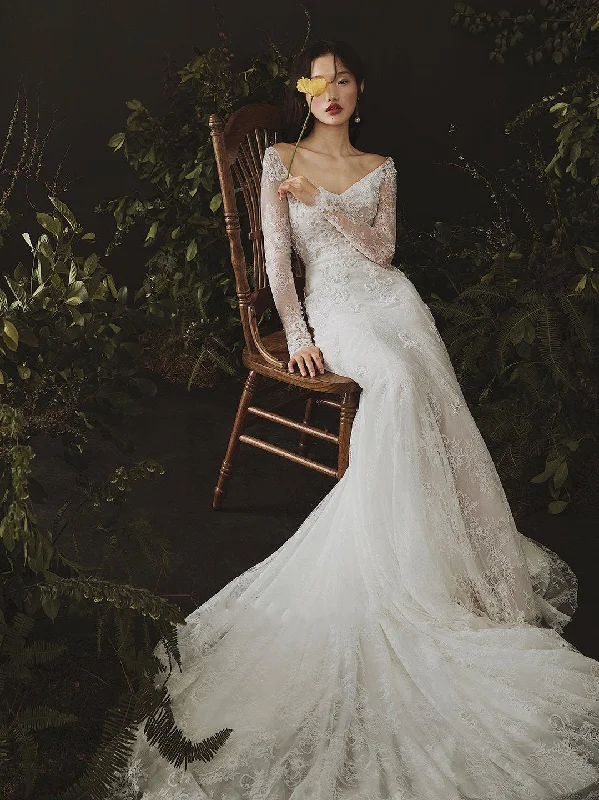 Exclusive Offers Long Sleeves Sheath Wedding Dresses Lace Appliqued Gowns JKZ6202